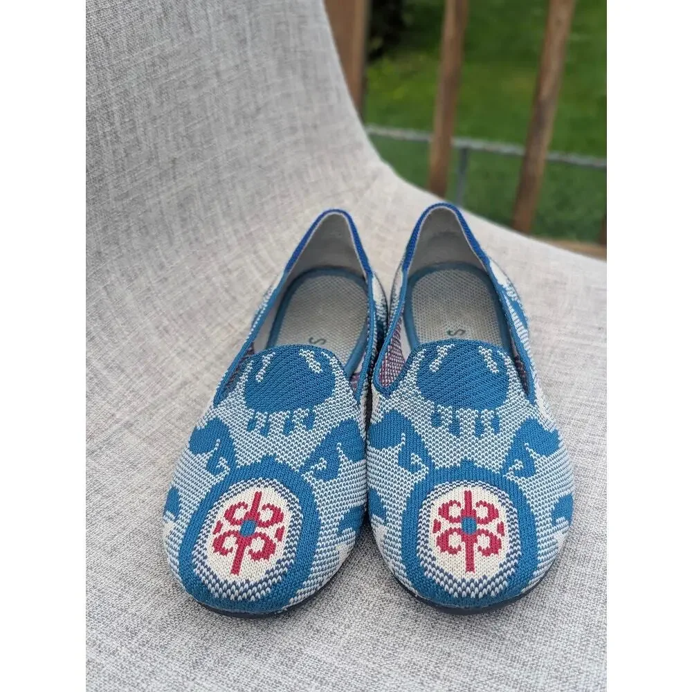 Rothy's Blue White Patterned Flats with Red Accents - Picture 2 of 9